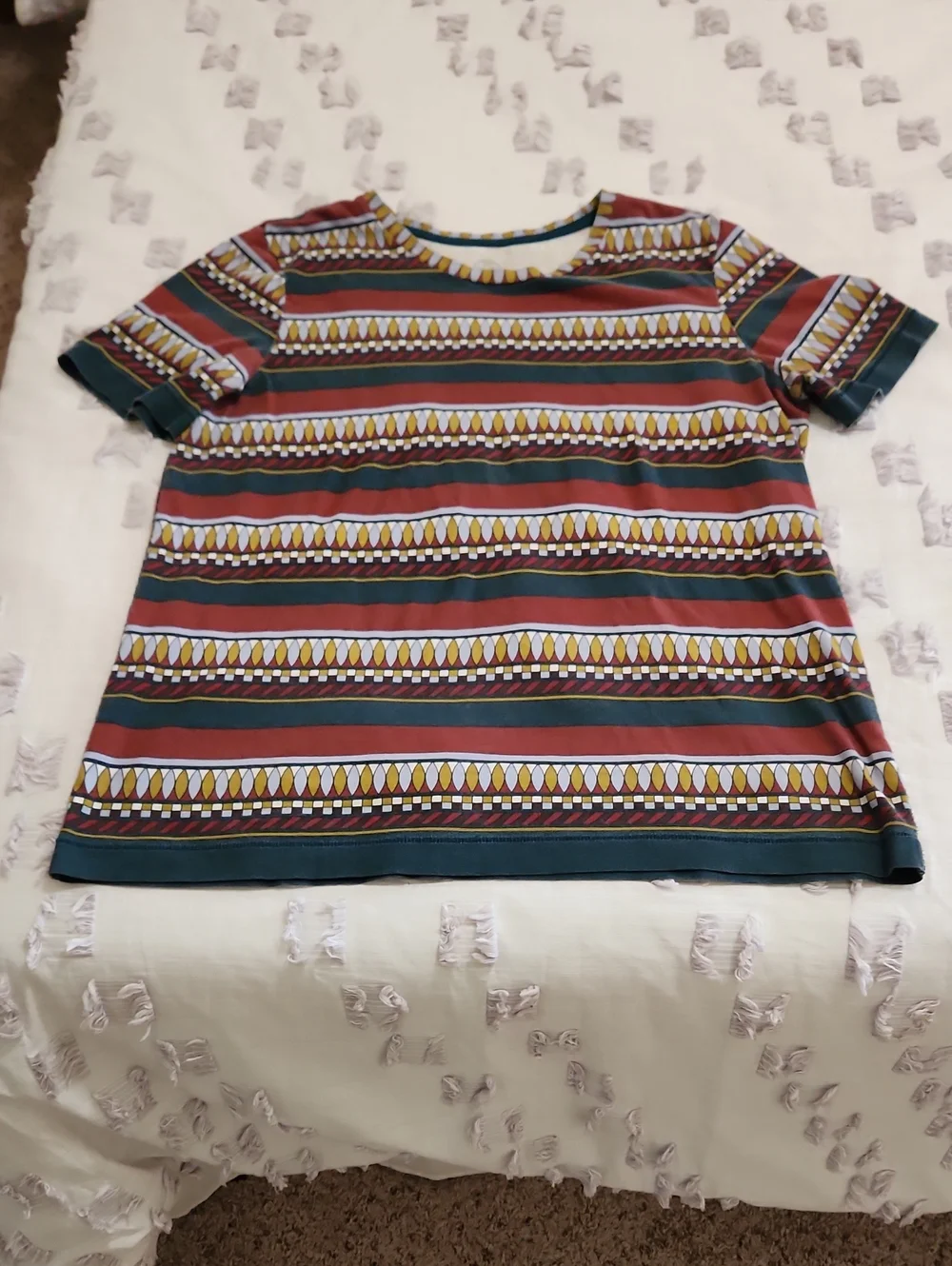 Tory Burch Short-Sleeve Geo Stripe Tee in Maroon, Teal & Yellow